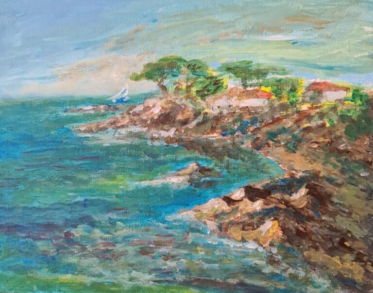 Une pointe plantée de pins et une voile blanche sur une mer turquoise, huile sur toile de JJG