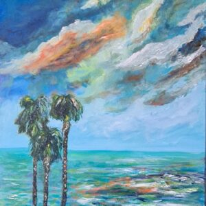 Trois palmiers sous un ciel de traîne orangé, acrylique sur toile de JJG