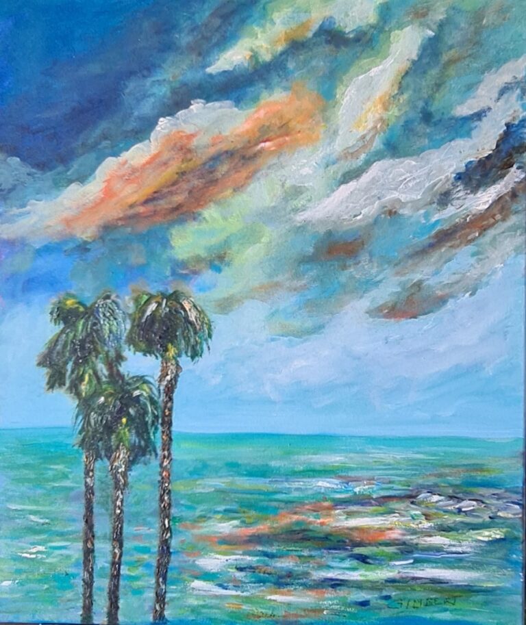 Trois palmiers sous un ciel de traîne orangé, acrylique sur toile de JJG