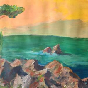 Un pin isolé au-dessus d'une baie vert jade bordée de roches claires, sous un ciel orange, acrylique sur papier de JJG