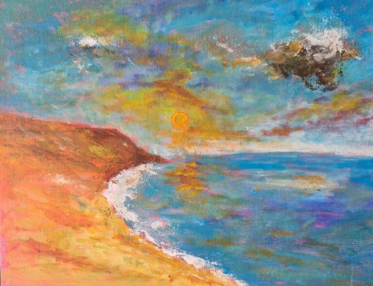 Une plage en croissant au soleil bas, la falaise ocre et la mer bleue, huile sur toile de JJG