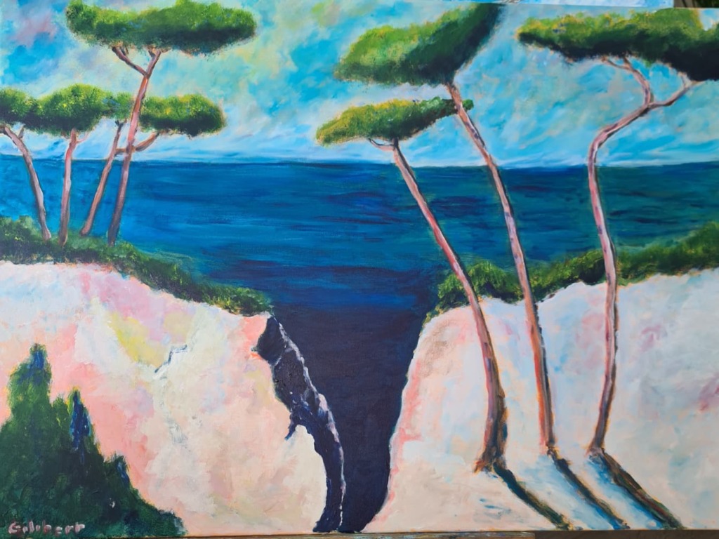 La pinède — des pins parasols penchés au-dessus de la mer, huile sur toile de JJG